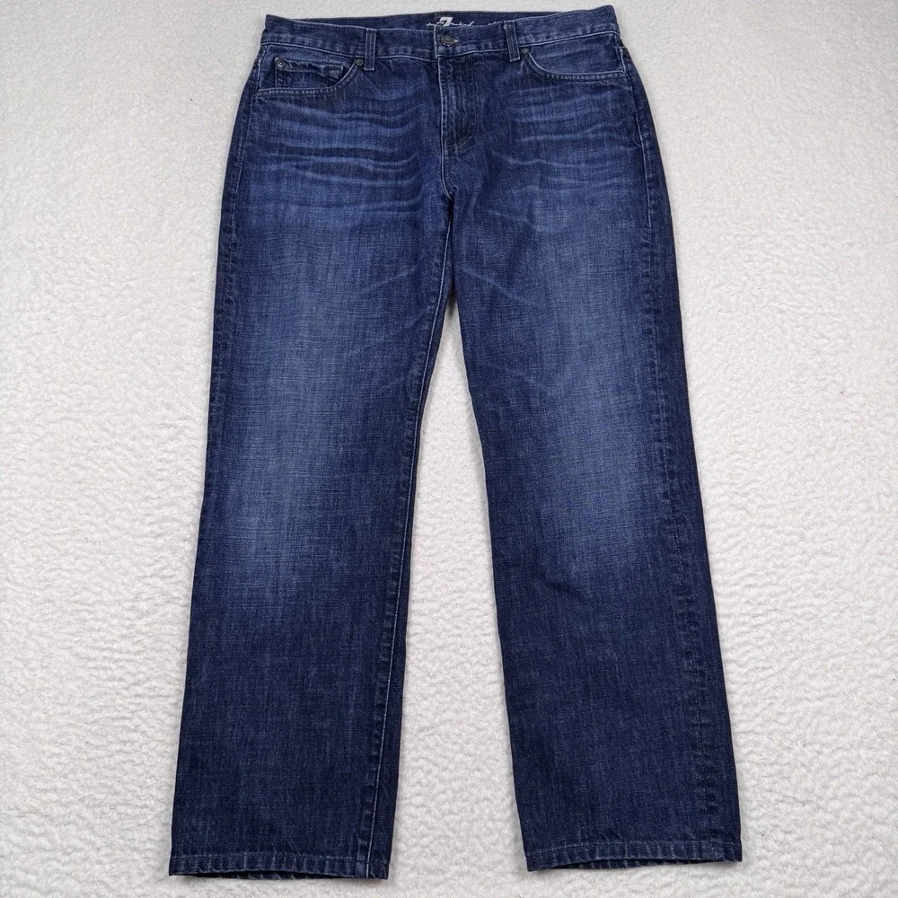 7 For All Mankind Standard Straight Jeans Mens 34 Blue Dark Wash Whiskered 34x29